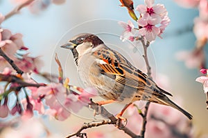 A charming sparrow perched on a branch surrounded by vibrant spring blossoms