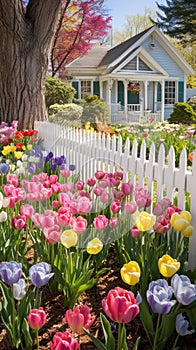 A charming spring garden with a white picket fence and a mix of colorful flowers,