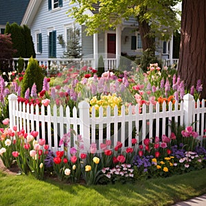 A charming spring garden with a white picket fence and a mix of colorful flowers,