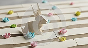 Origami Easter Bunny and Paper Flowers, Springtime Concept