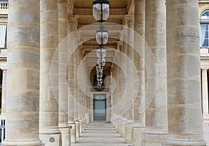 The charming square of Domaine National du Palais-Royal and the Columns of Buren at the Palais-Royalin Paris