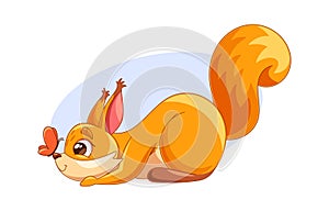 Charming squirrel playing with butterfly