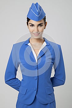 Charming Stewardess Dressed In Blue Uniform