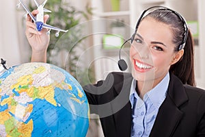 Charming Stewardess Holding Airplane In Hand,traveling or tourism concept