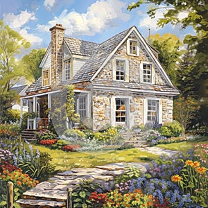 Charming stone cottage nestled amidst vibrant garden blooms under a serene sky