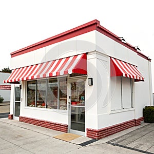 Store with red and white awning isolated on white background