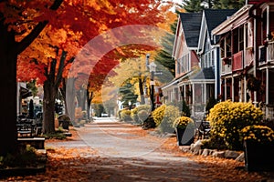 A charming street in autumn, adorned with colorful trees that flank rows of houses, Colorful autumn foliage in a quaint New