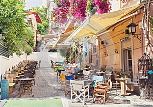 Charming street in the old district of Plaka in Athens, Greece