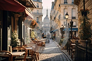 Charming Street View Of Paris Cafe With Outdoor Seating And Historical Architecture. Generative AI