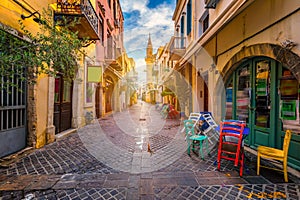 Charming streets of Greek islands, Crete. Street in the old town of Chania, Crete, Greece. Beautiful street in Chania, Crete