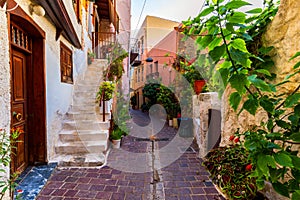 Charming streets of Greek islands, Crete. Street in the old town of Chania, Crete, Greece. Beautiful street in Chania, Crete