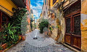 Charming streets of Greek islands, Crete. Street in the old town of Chania, Crete, Greece. Beautiful street in Chania, Crete