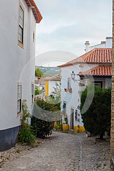 Charming streets of old town Obidos in Portugal