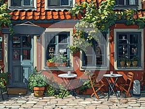 A charming sunny and cheerful Scandinavian street cafe rendered artistically
