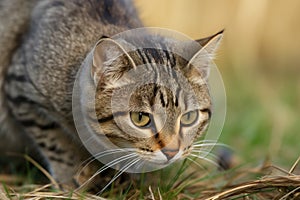 Charming tabby cat hunting in the garden on a warm summer day