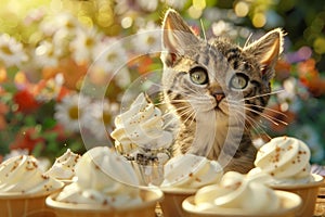 Charming Tabby Kitten Among Delicious Lemon Meringues in Warm Sunlit Garden, Whimsical Feline Baking Concept