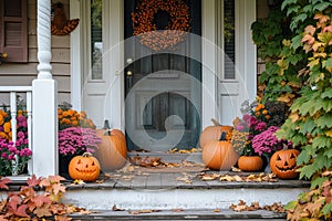 A charming Thanksgiving themed front porch with pumpkins, wreaths, and seasonal flowers