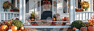 A charming Thanksgiving themed front porch with pumpkins, wreaths, and seasonal flowers