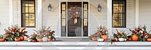 A charming Thanksgiving themed front porch with pumpkins, wreaths, and seasonal flowers