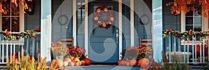 A charming Thanksgiving themed front porch with pumpkins, wreaths, and seasonal flowers