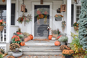 A charming Thanksgiving themed front porch with pumpkins, wreaths, and seasonal flowers