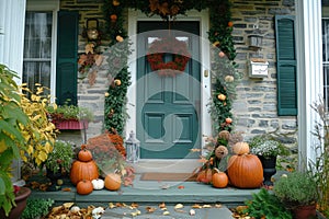 A charming Thanksgiving themed front porch with pumpkins, wreaths, and seasonal flowers