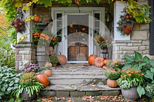 A charming Thanksgiving themed front porch with pumpkins, wreaths, and seasonal flowers