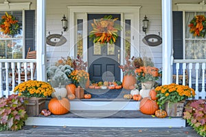 A charming Thanksgiving themed front porch with pumpkins, wreaths, and seasonal flowers