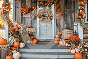 A charming Thanksgiving themed front porch with pumpkins, wreaths, and seasonal flowers