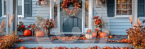 A charming Thanksgiving themed front porch with pumpkins, wreaths, and seasonal flowers