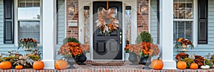 A charming Thanksgiving themed front porch with pumpkins, wreaths, and seasonal flowers