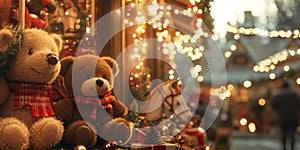 A Charming Toy Shop Decorated for Christmas with Holiday Cheer for Festive Holiday or ChristmasThemed Design Projects photo