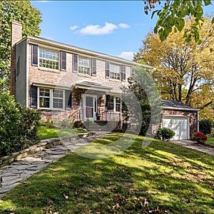 Charming twostory house with blue siding and stone facade
