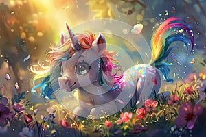 Charming unicorn with pastel mane in a sun-drenched glade