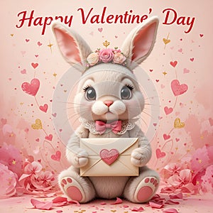 Adorable Plush Bunny with Flower Crown and Elegant Valentine\'s Day Envelope photo