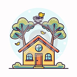Charming vector illustration cozy yellow house, trees nested birds, cheerful avian friends home photo