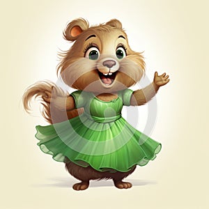 Charming Vector Illustration Of A Cute Squirrel In Green Dress Waving
