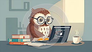 Owl Programmer Coding on Laptop, Cartoon Illustration