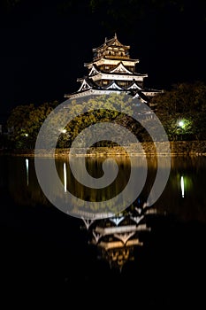 Charming view of the Hiroshima Castle with night illumination, Japan