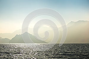 Charming view of the mountains and the sea in the haze near the Musandam