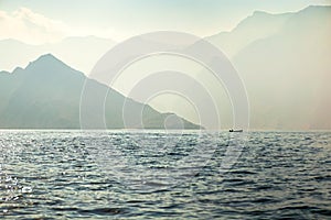 Charming view of the mountains and the sea in the haze near the Musandam