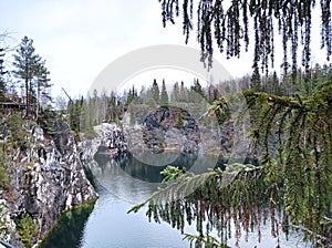 Charming views of nature, Karelia, Ruskeala Mountain Park, northern landscape, large stones, beautiful lake, large pond, rocks