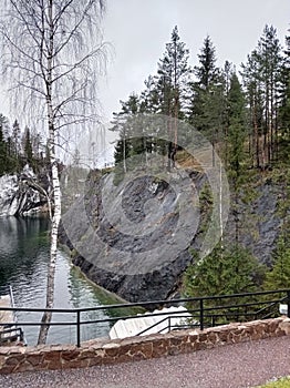 Charming views of nature, Karelia, Ruskeala Mountain Park, northern landscape, large stones, beautiful lake, large pond, rocks