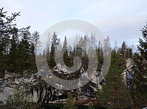 Charming views of nature, Karelia, Ruskeala Mountain Park, northern landscape, large stones, beautiful lake, large pond, rocks