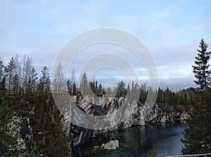 Charming views of nature, Karelia, Ruskeala Mountain Park, northern landscape, large stones, beautiful lake, large pond, rocks