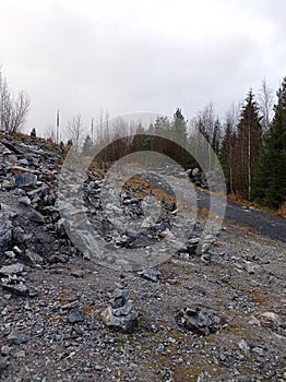 Charming views of nature, Karelia, Ruskeala Mountain Park, northern landscape, large stones, beautiful lake, large pond, rocks