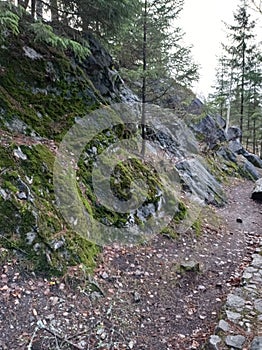 Charming views of nature, Karelia, Ruskeala Mountain Park, northern landscape, large stones, beautiful lake, large pond, rocks