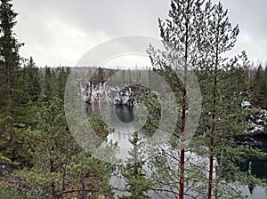 Charming views of nature, Karelia, Ruskeala Mountain Park, northern landscape, large stones, beautiful lake, large pond, rocks