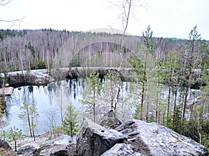 Charming views of nature, Karelia, Ruskeala Mountain Park, northern landscape, large stones, beautiful lake, rocks, trees