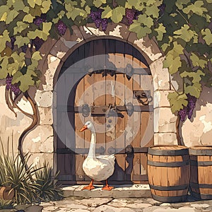 Charming Vignette of a Goose in an Enchanted Vineyard Doorway